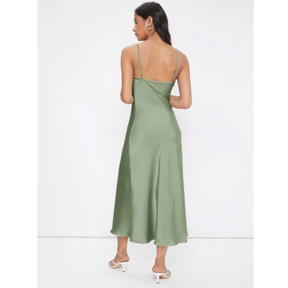 Green Satin Cami Dress Midi Adjustable Spaghetti Straps - Picture 4 of 8